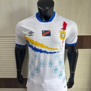 Umbro Democratic Republic of Congo 2025/26 Away Soccer Jersey – White | Geometric Blue Pattern | Les Léopards | AFCON 2025